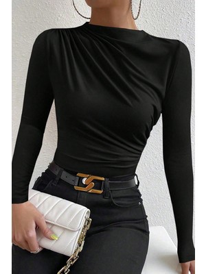 Pileli Store Kadın Siyah Belden ve Boyundan Büzgü Detaylı Uzun Kollu Bluz