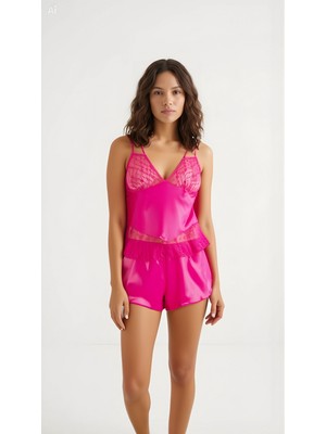 Pileli Store Fuşya Saten Babydoll Şort Takımı Zarif Kadın Gece Giyim
