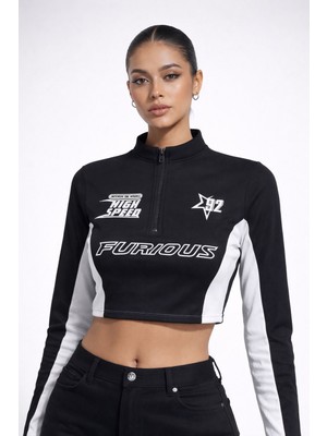 Machetta Kadın Fermuarlı Yaka Furious Baskılı Crop Sweatshirt