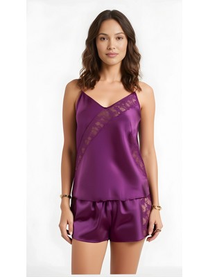 Pileli Store Mor Saten Babydoll Şort Takımı Zarif Kadın Gece Giyim