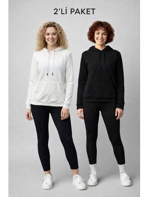 Machetta Unisex Siyah Beyaz 2'li Set Ottoman Kumaş Kapüşonlu Kanguru Cep Sweatshirt