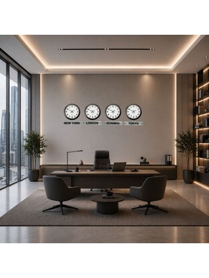 Nemere Siyah Prestij 36 cm Metal Tabelalı Dünya Saatleri – 4’lü Siyah Set