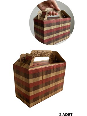 Roco Paper Co. Tutmalı Kraft Hediye Kutusu, Ekose Desenli Taşıma Kulplu Karton Poşet 2'li Set, 11X16X8 cm