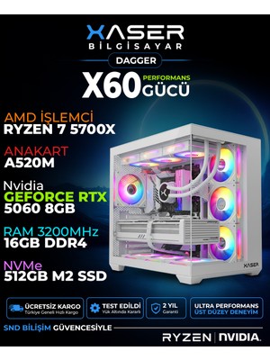 Xaser Dagger X60 Ryzen 7 5700X 16GB Ram 512GB M.2 Nvme SSD 8gb RTX5060 Sıvı Soğutmalı Oyuncu Bilgisayarı