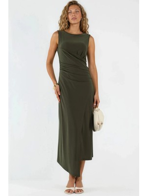 Hiccup Kadınlar Büzgülü A-Line Midi Elbise Haki Yeşil