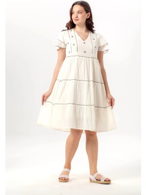 Eliş Şile Bezi Kısa Kol Pullu Işıl V Yaka Şile Bezi Yazlık Midi Boy Otantik Elbise Krem Krm