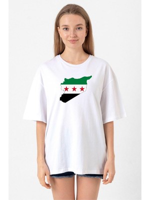 Suriye Yeni Bayrak Beyaz Kadın Oversize Tshirt