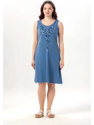 Eliş Şile Bezi Kolsuz Lidya V Yaka Müslin Nakışlı Yazlık Kısa Elbise Indigo Indg