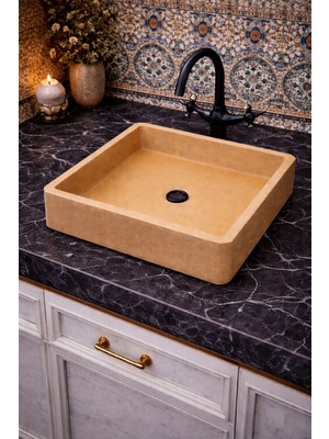 Taş Atölyesi Tezgah Üstü Kare Model Taş Lavabo 45 x 45 cm