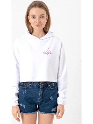 Tshirthane Blackpink Lisa Signature Beyaz Optik Kadın Crop Kapşonlu
