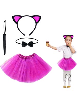 Die Grup  Fuşya Renk Etekli Kedi Kostüm Seti (Tütü, Taç, Papyon, Kuyruk)