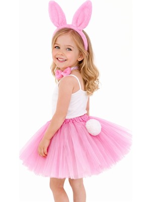 Die Grup  Kız Çocuk Pembe Tavşan Kulaklı Kostüm Seti – Tütü, Taç, Papyon, Ponpon