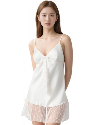 Pileli Store Ekru Saten Mini Gecelik Zarif Kadın Gece Elbisesi