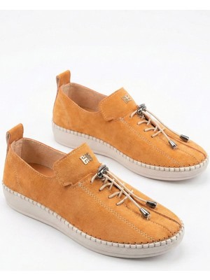 Giamgia Store Kadın Turuncu Süet Lastik Bağcıklı Dikişli Esnek Taban Günlük Yürüyüş Ayakkabı