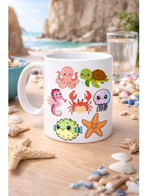 TeknoKapsül Sevimli Deniz Canlıları Desenli Porselen Kupa Model 118 – Ahtapot, Kaplumbağa, Yengeç Deniz Yıld