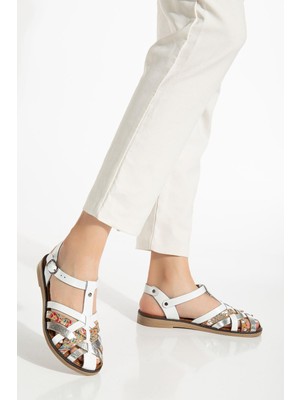 Aska Shoes 205-02 Beyaz Garni Ortopedik Hakiki Deri Kadın Sandalet