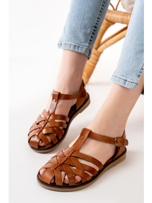 Aska Shoes 205-02 Taba Ortopedik Hakiki Deri Kadın Sandalet