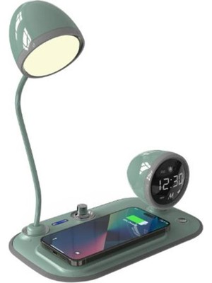 Nusrat Bilişim S-Link SL-CW21 Yeşil Ayarlanabilir LED Işıklı Masa Lambası 15W Hızlı Şarj ve Dijital Çalar Saat