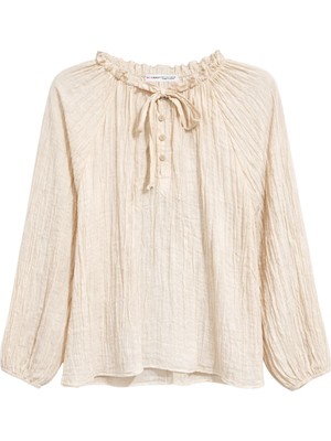 Mixray 4790 Kadın Hafif Transparan Büzgülü Bağlamalı Kraşlı Bluz Bej