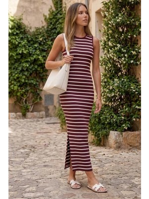 Madmext Bordo Bisiklet Yaka Çizgili Günlük Elbise MG2803