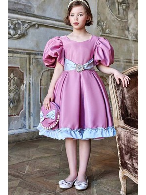 Riccotarz Kız Çocuk Balon Kollu Belinde Broş ve Kemer Detaylı Etek Ucu Fırfırlı Pembe Abiye