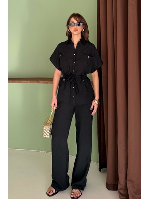 Bejna Kadın Cepli Kuşaklı Düğme Detaylı Keten Dokulu Alt Üst Takım