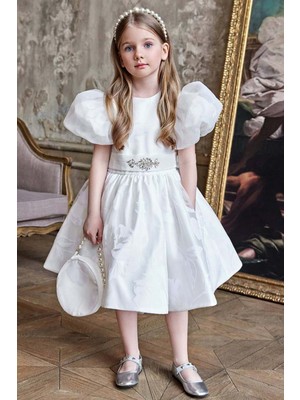 Riccotarz Kız Çocuk Beli Elmas Taşlı Şerit Kemer Detaylı Eteği Yaprak Işlemeli Balon Kollu Beyaz Saten Abiye