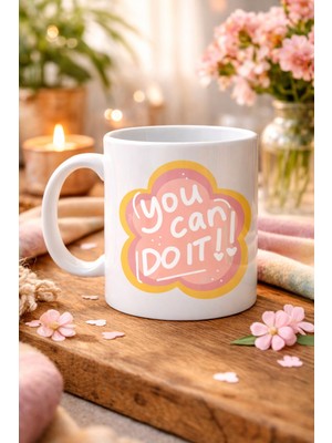 TeknoKapsül You Can Do It Yazılı Porselen Kupa Model 126 – Motive Edici Mesajlı, Çiçek Tasarımlı, Pozitif Enerj