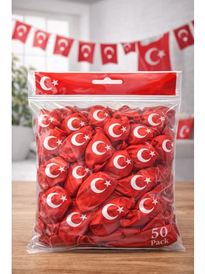 TeknoKapsül Ayyıldızlı Kırmızı Balon Seti Türk Bayraklı Parti Balonu Dayanıklı Latex Balon 50 Adet