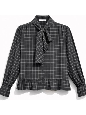 Mixray 4881 Kadın Ekoseli Bağlamalı Yaka Fırfırlı Bluz Siyah