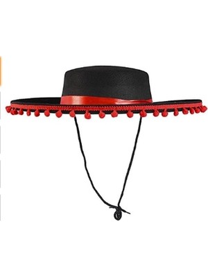 TeknoKapsül Kırmızı Ponponlu Siyah Renk Çocuk Ispanyol Şapkası