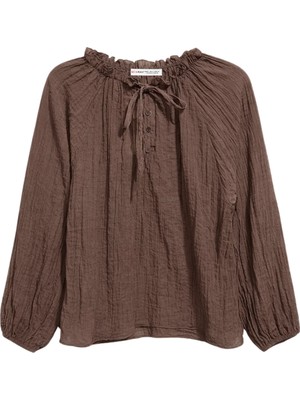 Mixray 4790 Kadın Hafif Transparan Büzgülü Bağlamalı Kraşlı Bluz Kahve