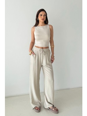 Bejna Kadın Geniş Paça Dökümlü Dokuma Pantolon
