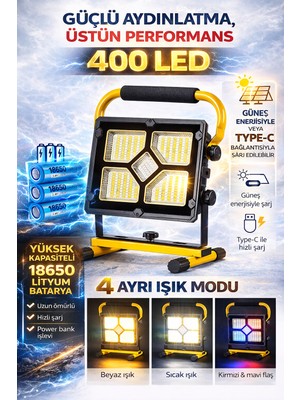 Qasul 400 LED Şarjlı Projektör Işıldak Güneş Enerjili Taşınabilir LED Lamba 4 Modlu Powerbank Özellikli