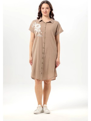 Eliş Şile Bezi Kısa Kol Mira Nakışlı Yazlık Şile Bezi Gömlek Elbise Camel Cml
