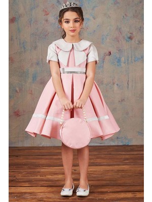 Riccotarz Kız Çocuk Bebe Yakalı Arkadan Bağlama Detaylı Etek Ucu Şeritli Pembe Saten Abiye