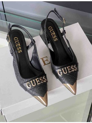 Evlium Guess Logolu Siyah Kadın Topuklu Sandalet - Metal Burun Detaylı Slingback Ayakkabı