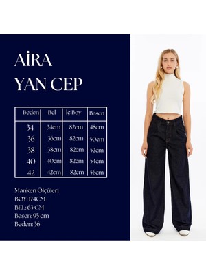 BLAYF Aira Yan Cep Baggy Pileli Marbel Kadın Jean Pantolon