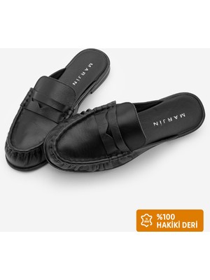 Marjin Kadın Hakiki Deri Önü Kapalı Dikişli Büzgülü Makosen Loafer Günlük Terlik Calista Siyah