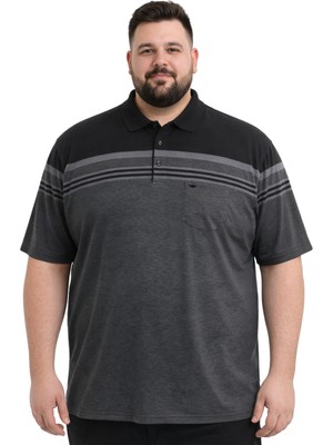 Battal Moda Battalmoda Erkek Büyük Beden Melanj Siyah Polo Yaka Kısa Kollu Block Tişört 5xl-6xl-7xl-8xl