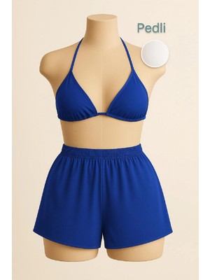 Pileli Store Kadın Mavi Şortlu Belden ve Boyundan Bağlamalı Bikini Takımı