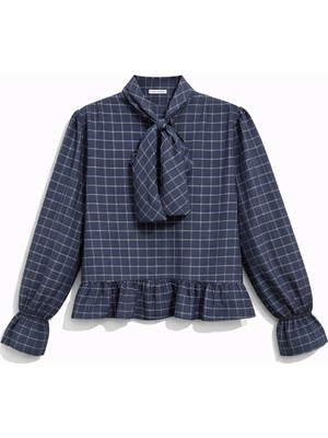 Mixray 4881 Kadın Ekoseli Bağlamalı Yaka Fırfırlı Bluz Lacivert