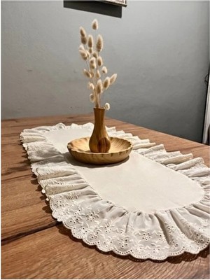 Nurgita Home Oval Fırfırlı Naturel Ham Keten Fisto Runner (35 x 80 Cm)