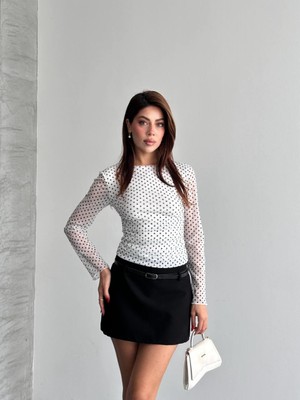 Shopping Shop Beli Büzgülü Puantiyeli Bluz BEYAZ