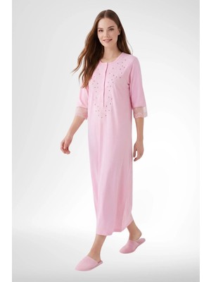 Mecit Pijama Mecit 6365 Pembe Kadın %100 Pamuk Uzun Gecelik