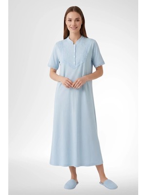 Mecit Pijama Mecit 6366 Mavi Kadın %100 Pamuk Uzun Gecelik