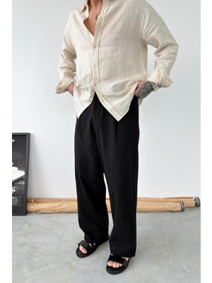 HAFKA Siyah Premium Baggy Keten Pantolon