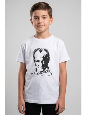 Kinderos Unisex Çocuk Bisiklet Yaka Atatürk Baskılı Kısa Kollu Tişört - 26Y 1881