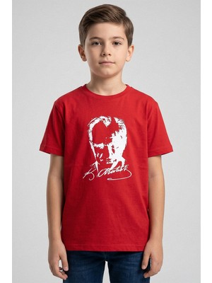 Kinderos Unisex Çocuk Bisiklet Yaka Atatürk Baskılı Kısa Kollu Tişört - 26Y 1881