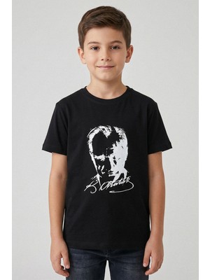 Kinderos Unisex Çocuk Bisiklet Yaka Atatürk Baskılı Kısa Kollu Tişört - 26Y 1881